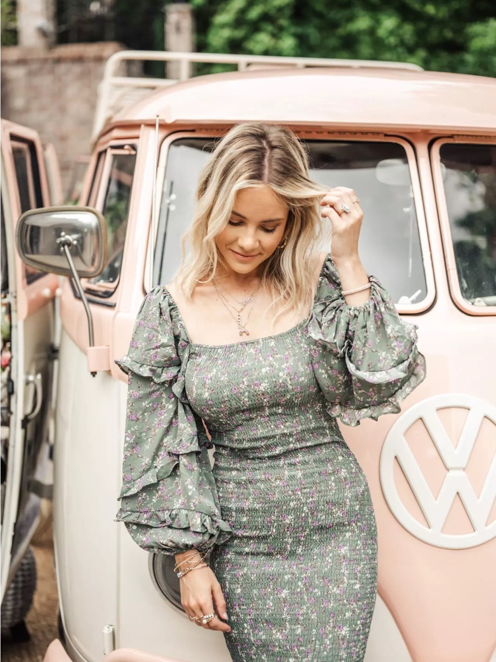 Petal & Pup Sage Green Floral Midi Dress with Puff Sleeves - Picture 3 of 12